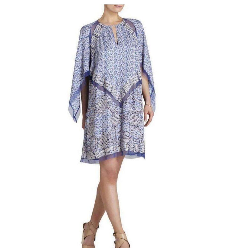 BCBGMAXAZRIA Bardot Blue printed Asymmetrical Sleeve Scarf Dress Size XS